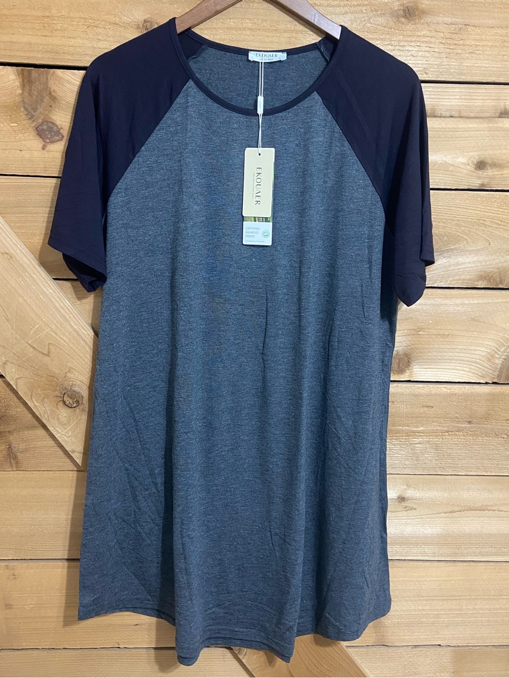 Ekouaer Grey and Black Soft Tee Shirt Sleep Shirt Nightgown Pajamas